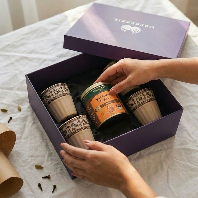 Royal Chai Tea Gift Hamper with Warli Art Kulhad Cups